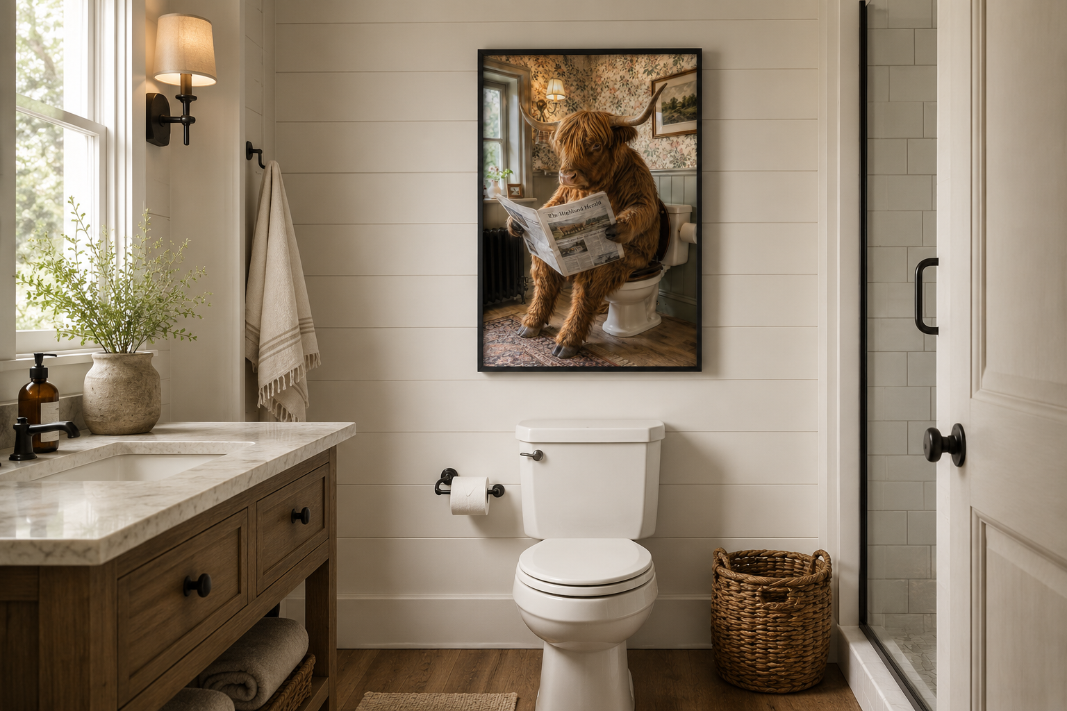 Highland Cow On The Toilet Reading Newspaper Picture Canvas Wall Art