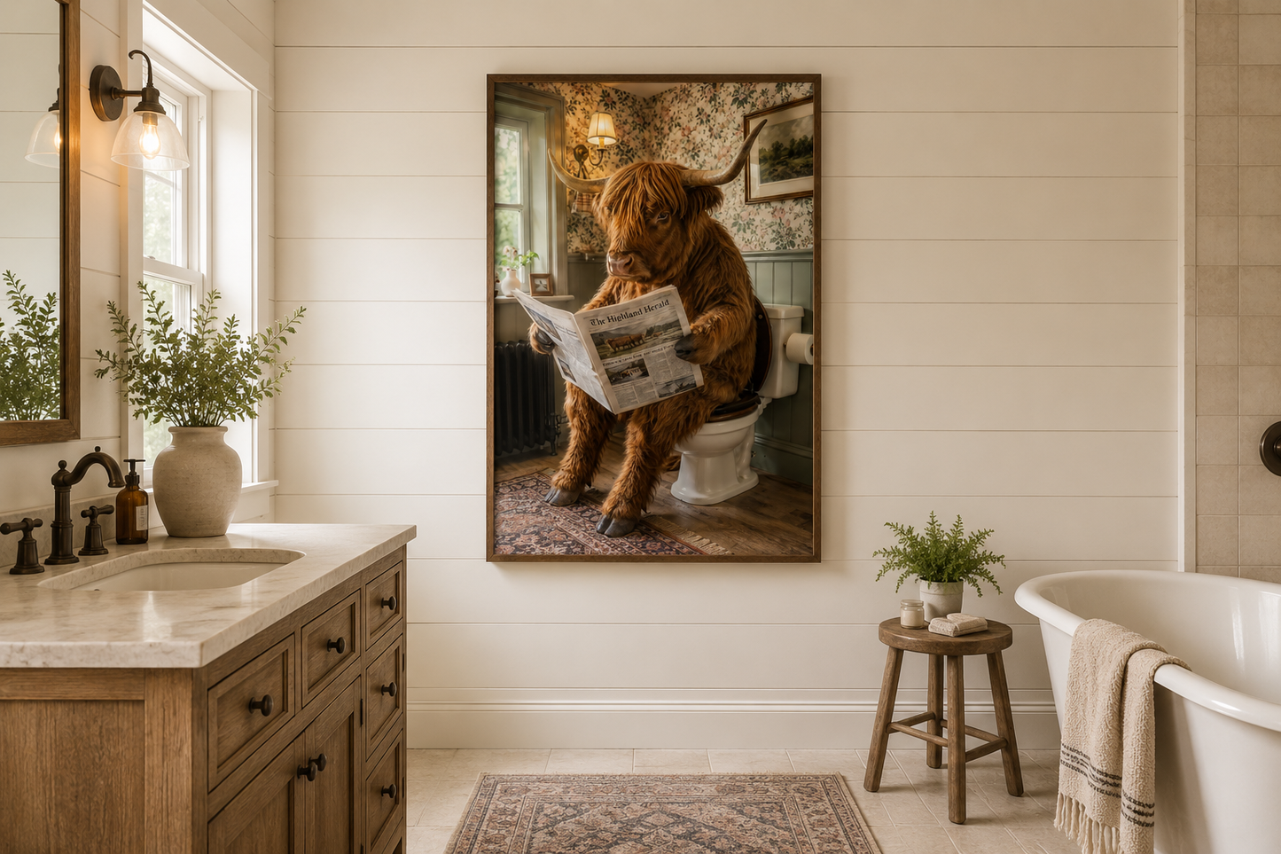 Highland Cow On The Toilet Reading Newspaper Picture Canvas Wall Art