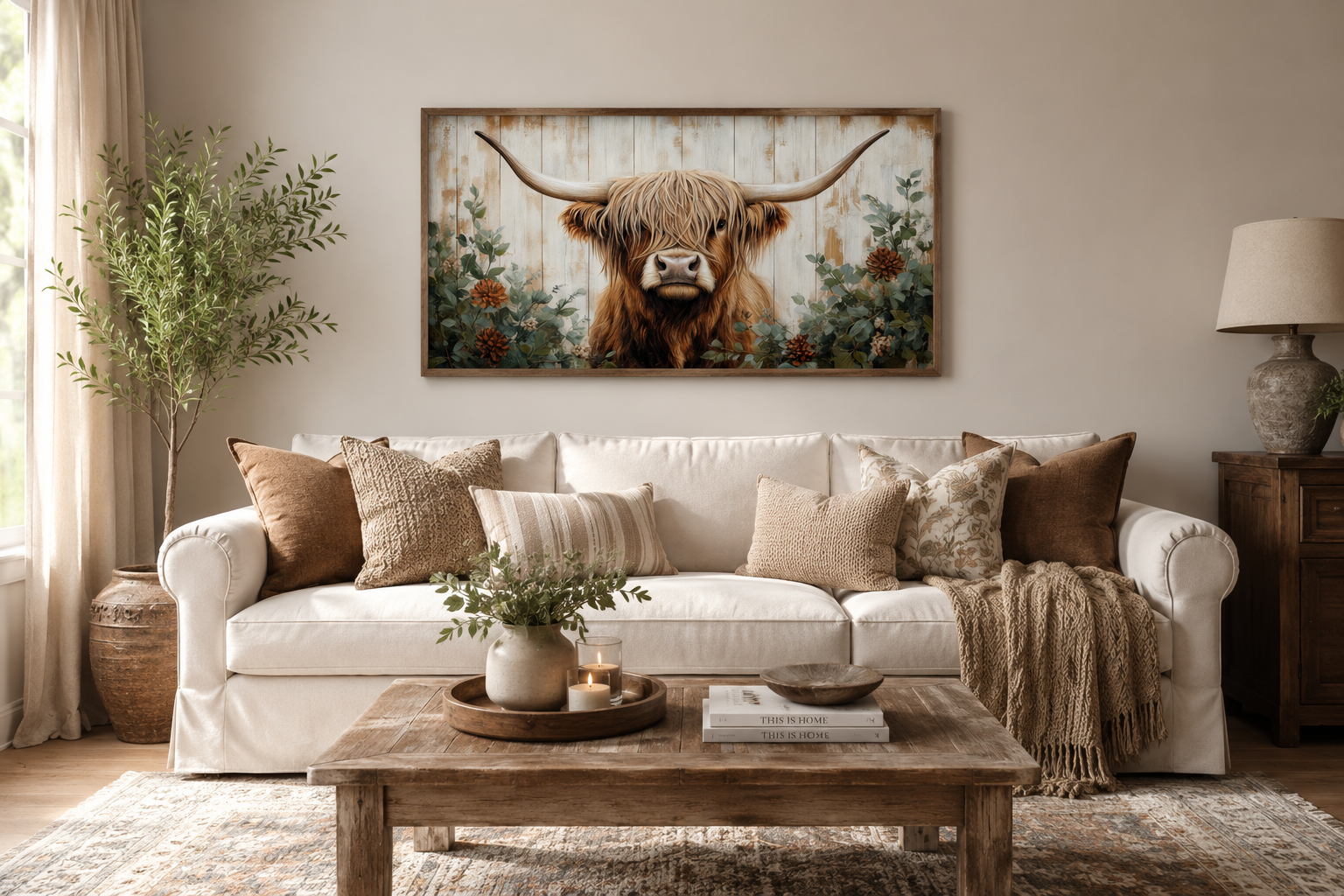 Highland Cow With Flowers Painted On Distressed Wood Framed Canvas Wall Art For Farmhouse Living Room