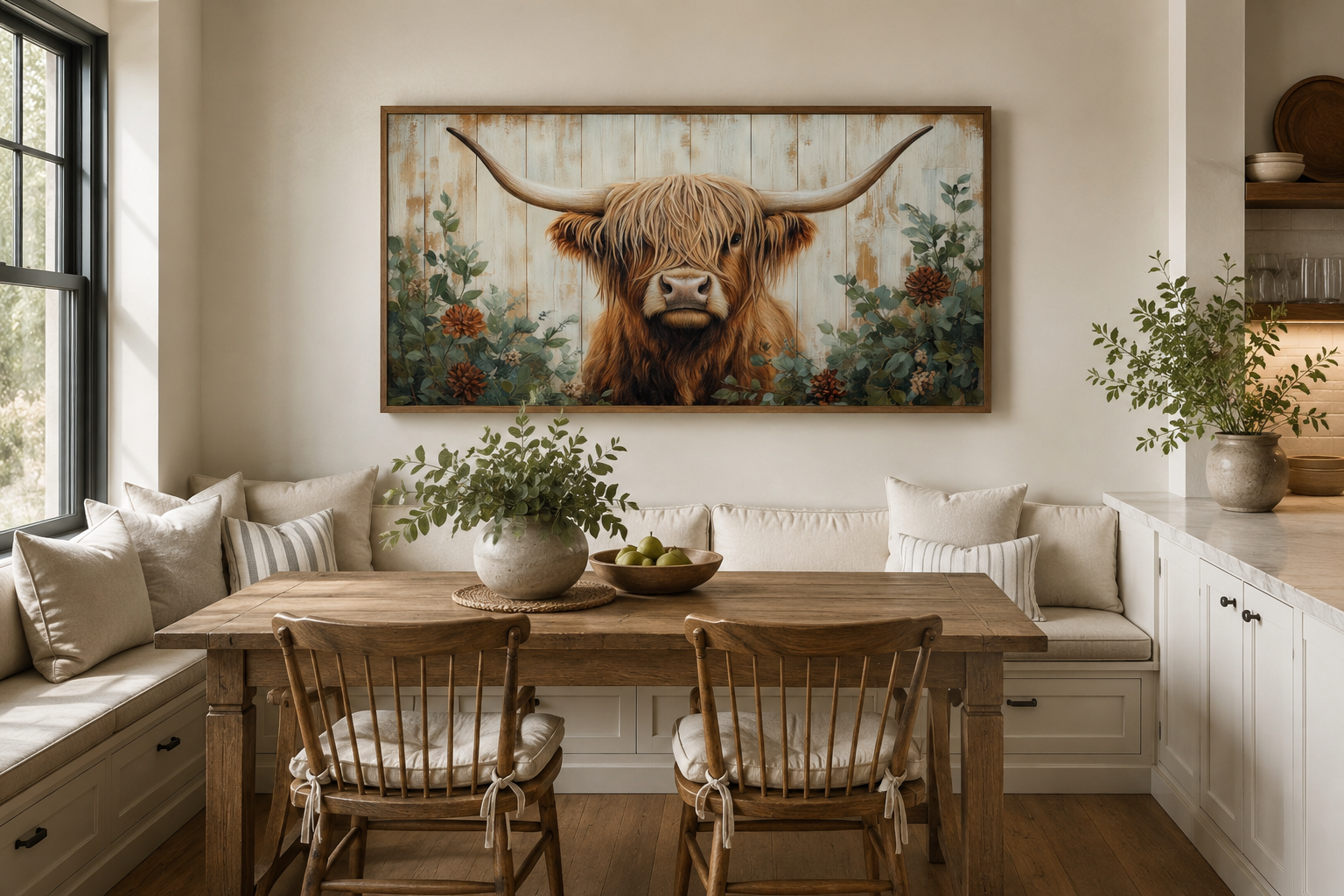 Highland Cow With Flowers Painted On Distressed Wood Framed Canvas Wall Art For Farmhouse Living Room