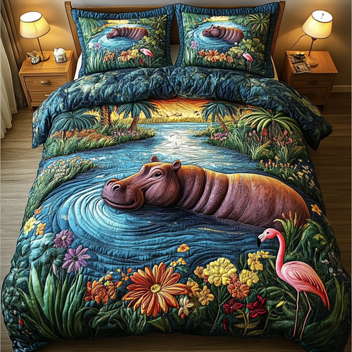 Hippo Harmony 3-Piece Quilted Bedding Set - Single (59" x 70")