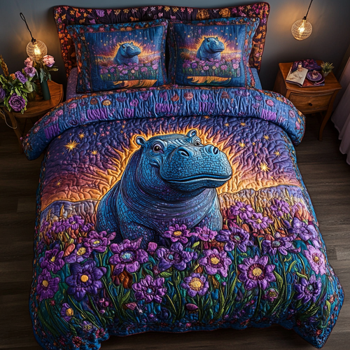 Hippo Haven 3-Piece Quilted Bedding Set - Single (59" x 70")
