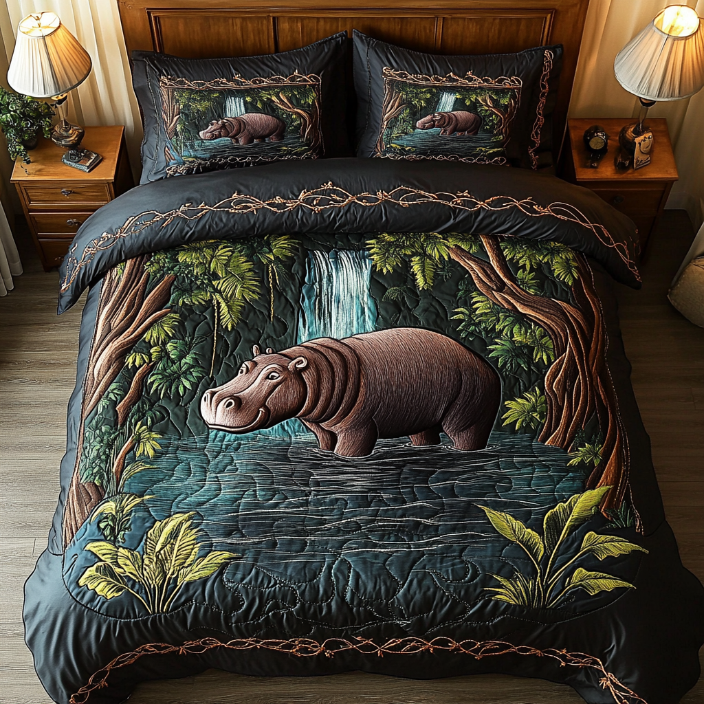Hippo Horizon 3-Piece Quilted Bedding Set - Single (59" x 70")