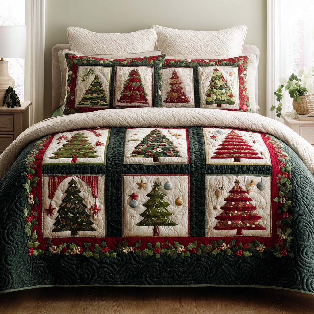 Single (59'' x 70'') /Holiday Trees 3-Piece Quilted bedding Set