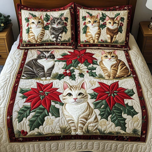 Holly Cheer Cats 3-Piece Quilted Bedding Set - Single (59" x 70")