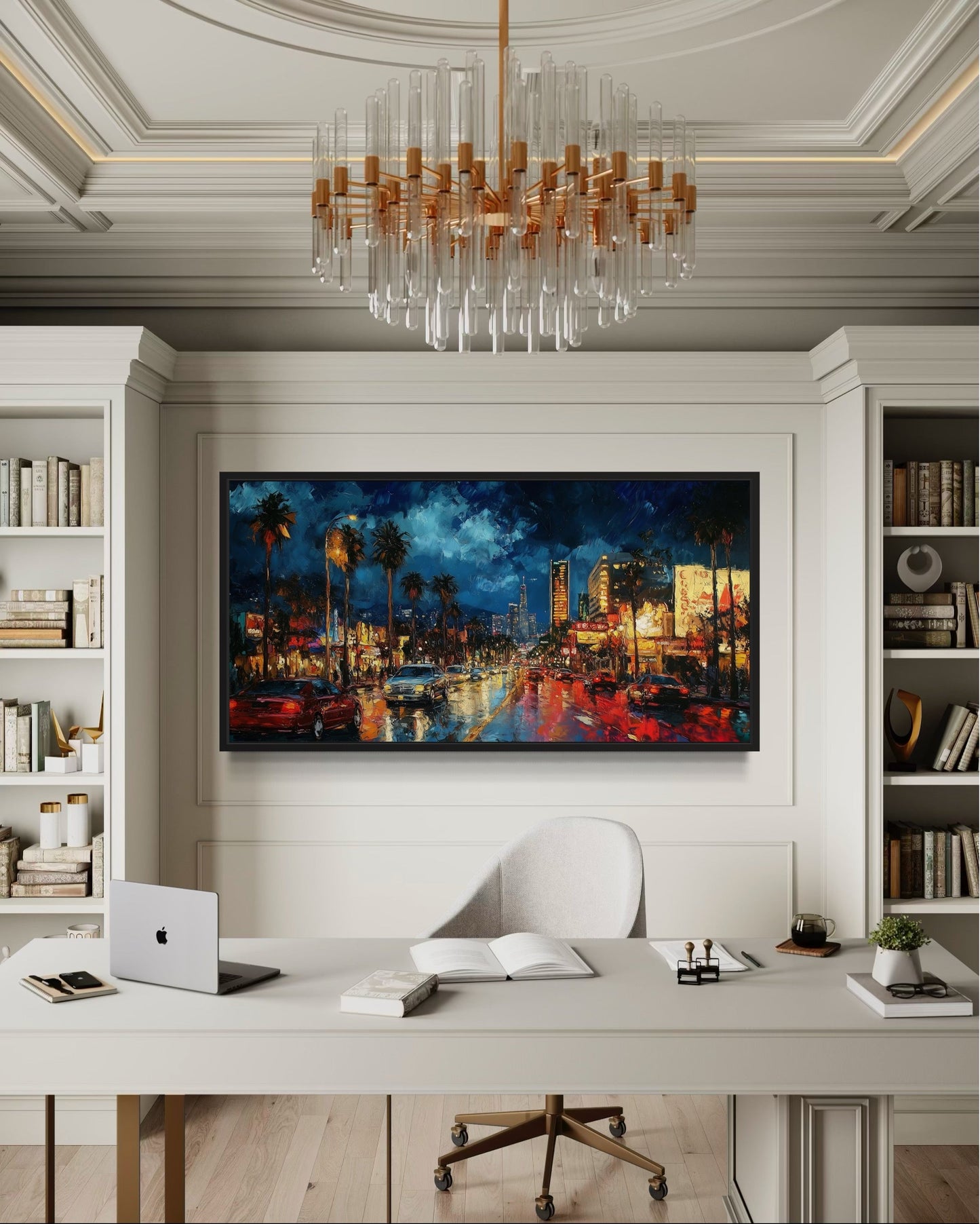 Hollywood Night Cityscape, Los Angeles Boulevard Framed Canvas Wall Art