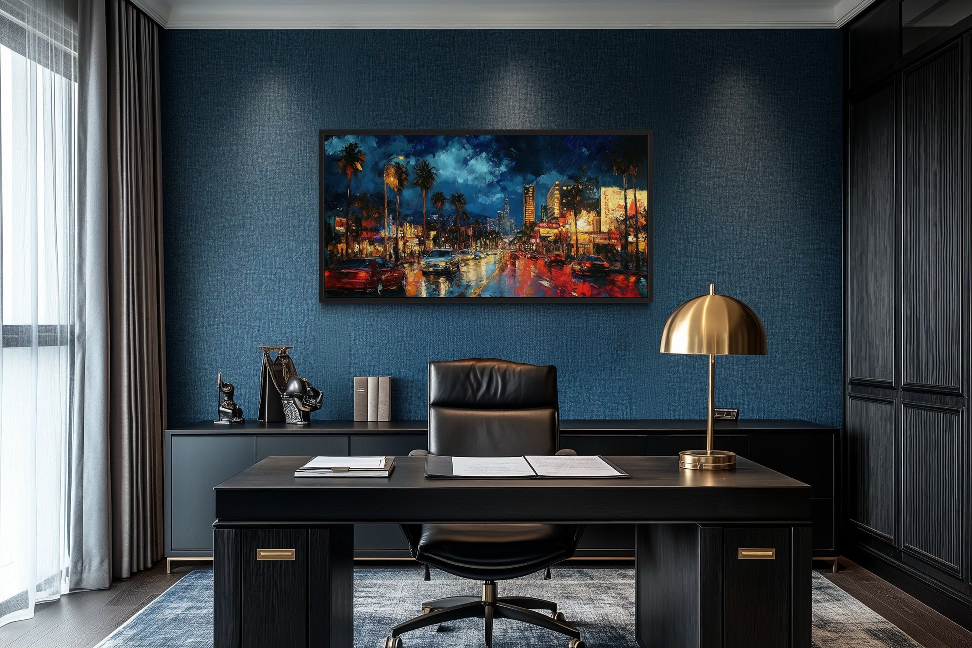 Hollywood Night Cityscape, Los Angeles Boulevard Framed Canvas Wall Art
