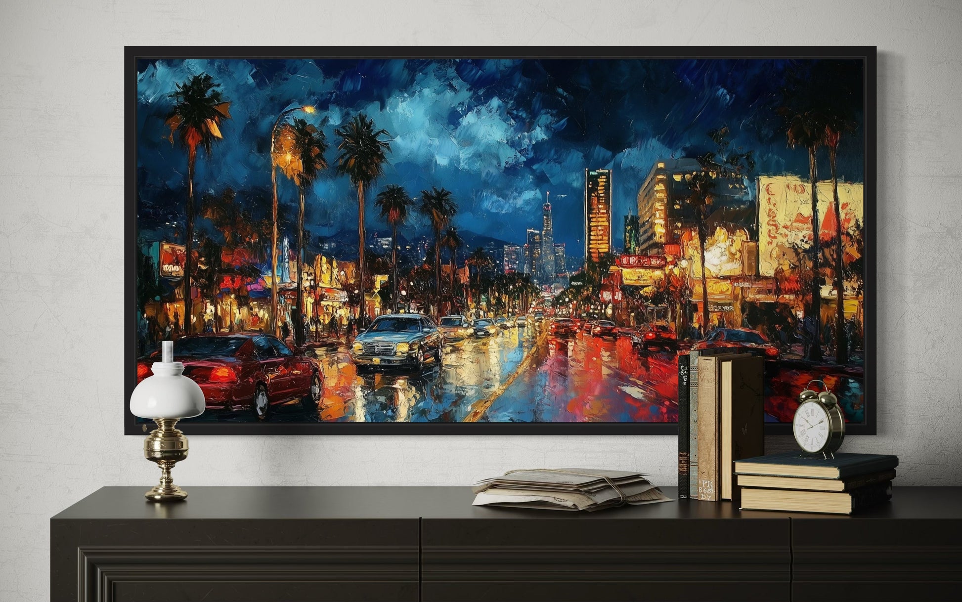 Hollywood Night Cityscape, Los Angeles Boulevard Framed Canvas Wall Art