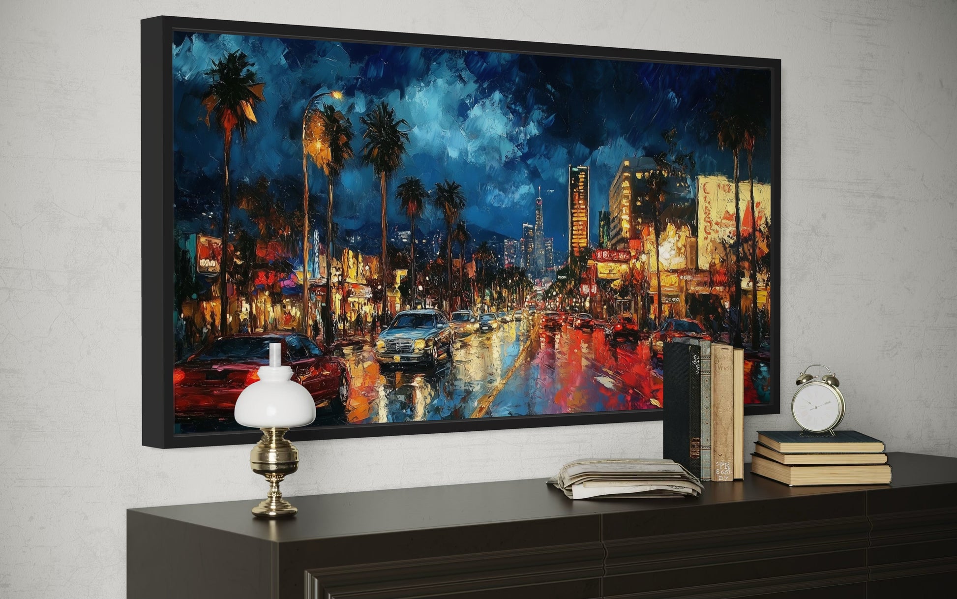 Hollywood Night Cityscape, Los Angeles Boulevard Framed Canvas Wall Art