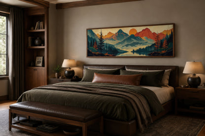 Mountains, Forest And Lake Mid Century Modern Horizontal Landscape Canvas Wall Art