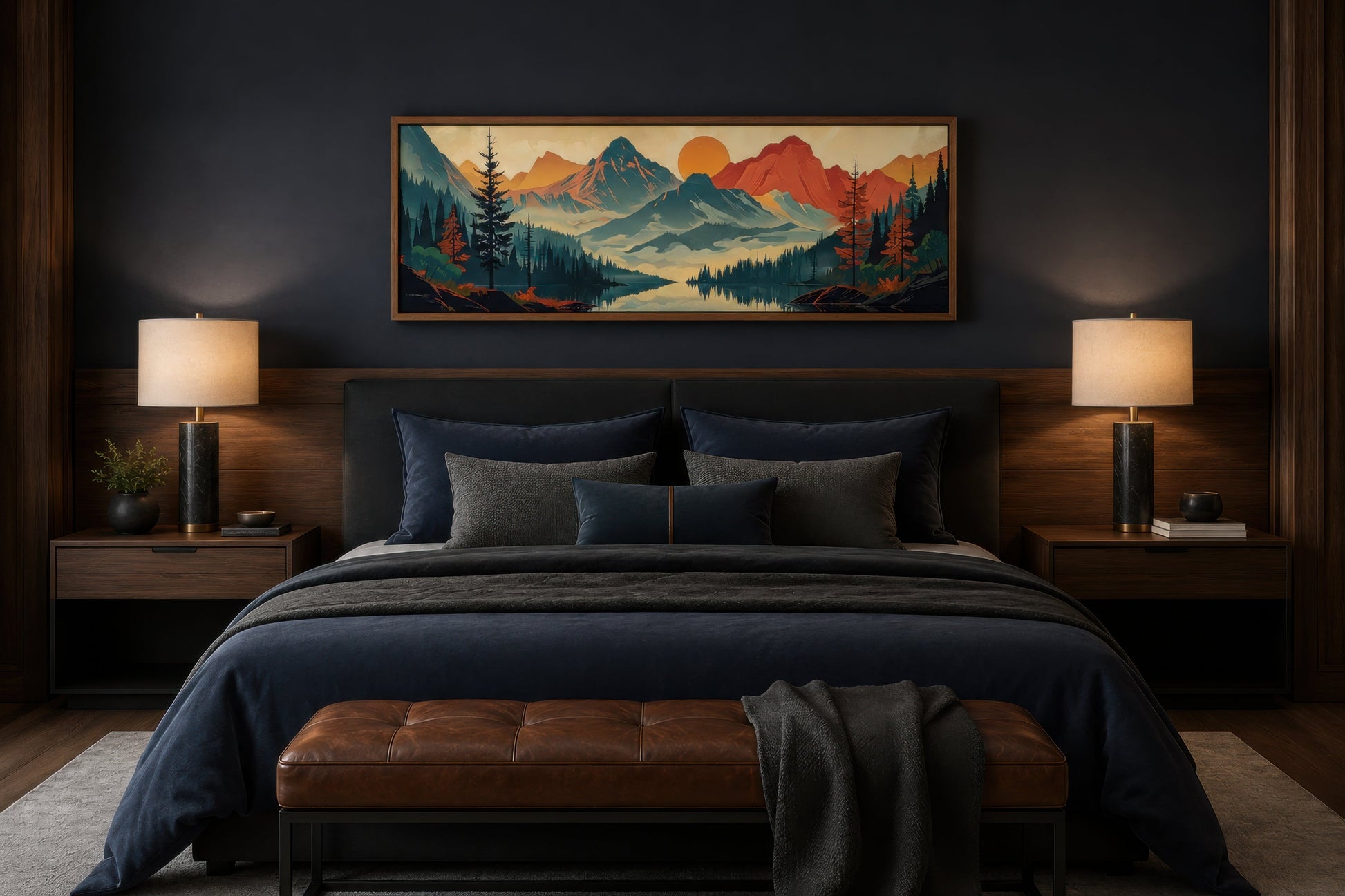 Mountains, Forest And Lake Mid Century Modern Horizontal Landscape Canvas Wall Art