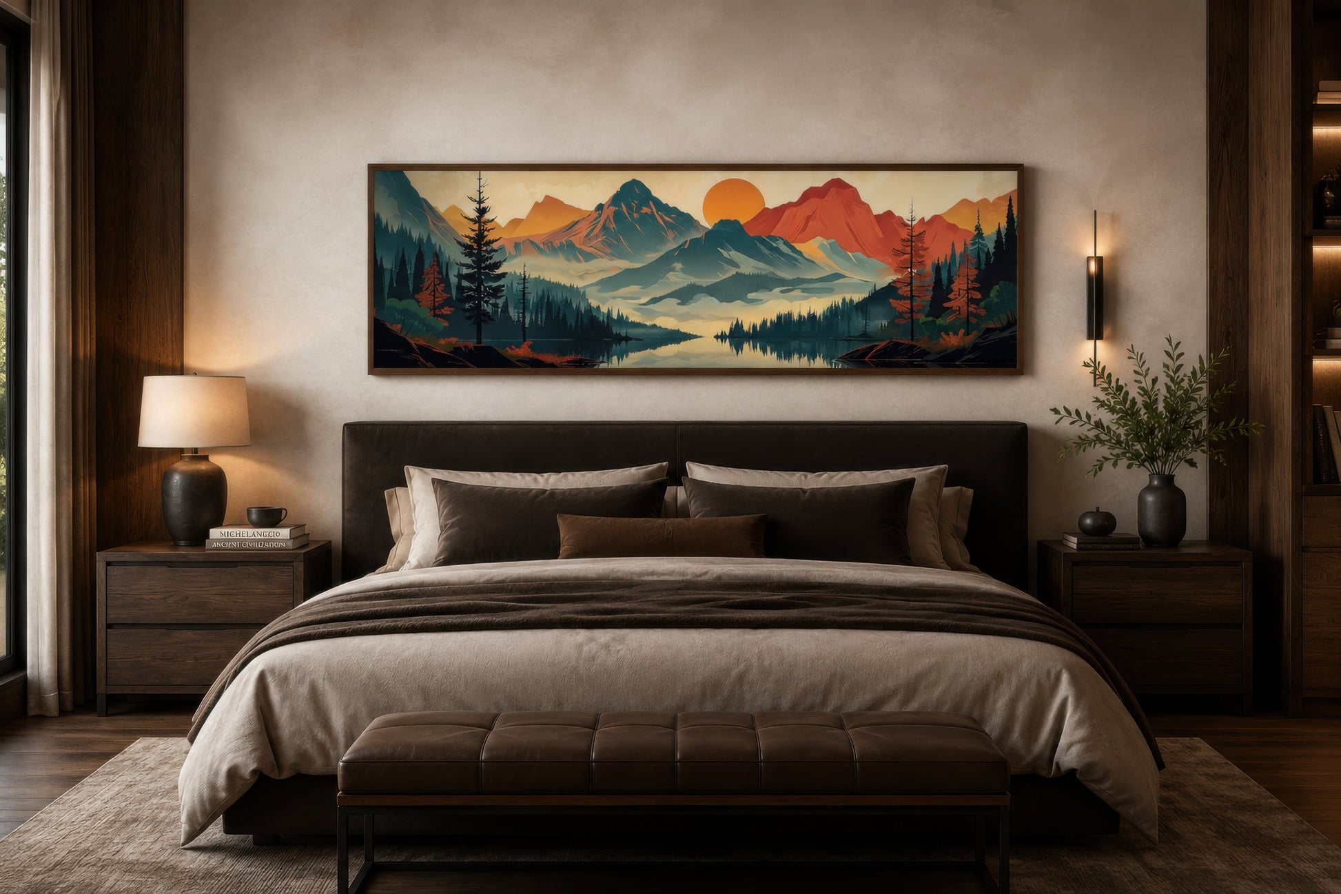 Mountains, Forest And Lake Mid Century Modern Horizontal Landscape Canvas Wall Art