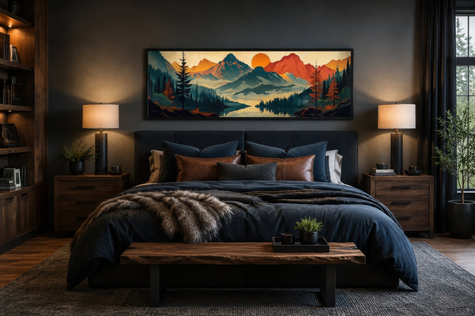 Mountains, Forest And Lake Mid Century Modern Horizontal Landscape Canvas Wall Art