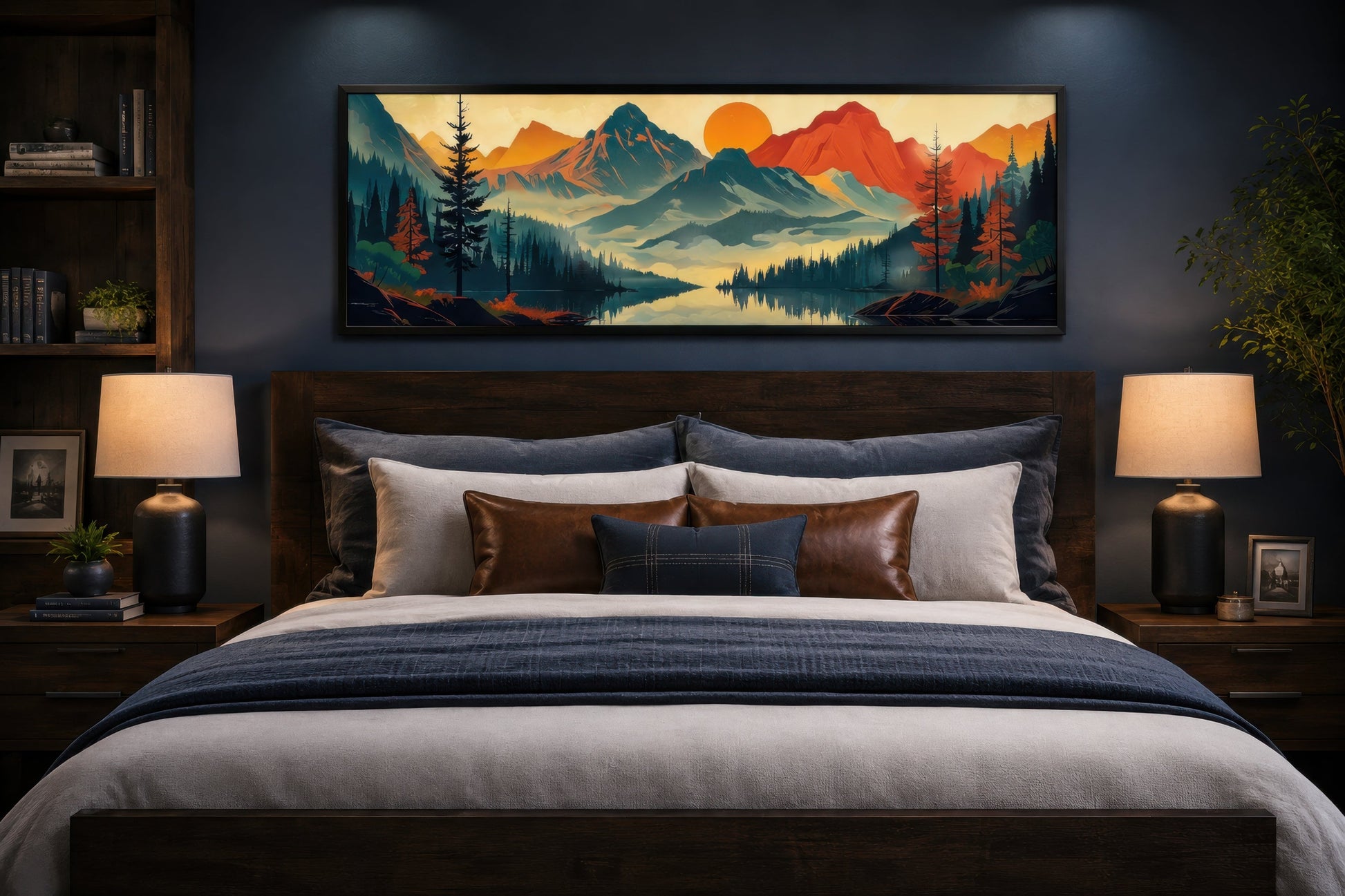 Mountains, Forest And Lake Mid Century Modern Horizontal Landscape Canvas Wall Art