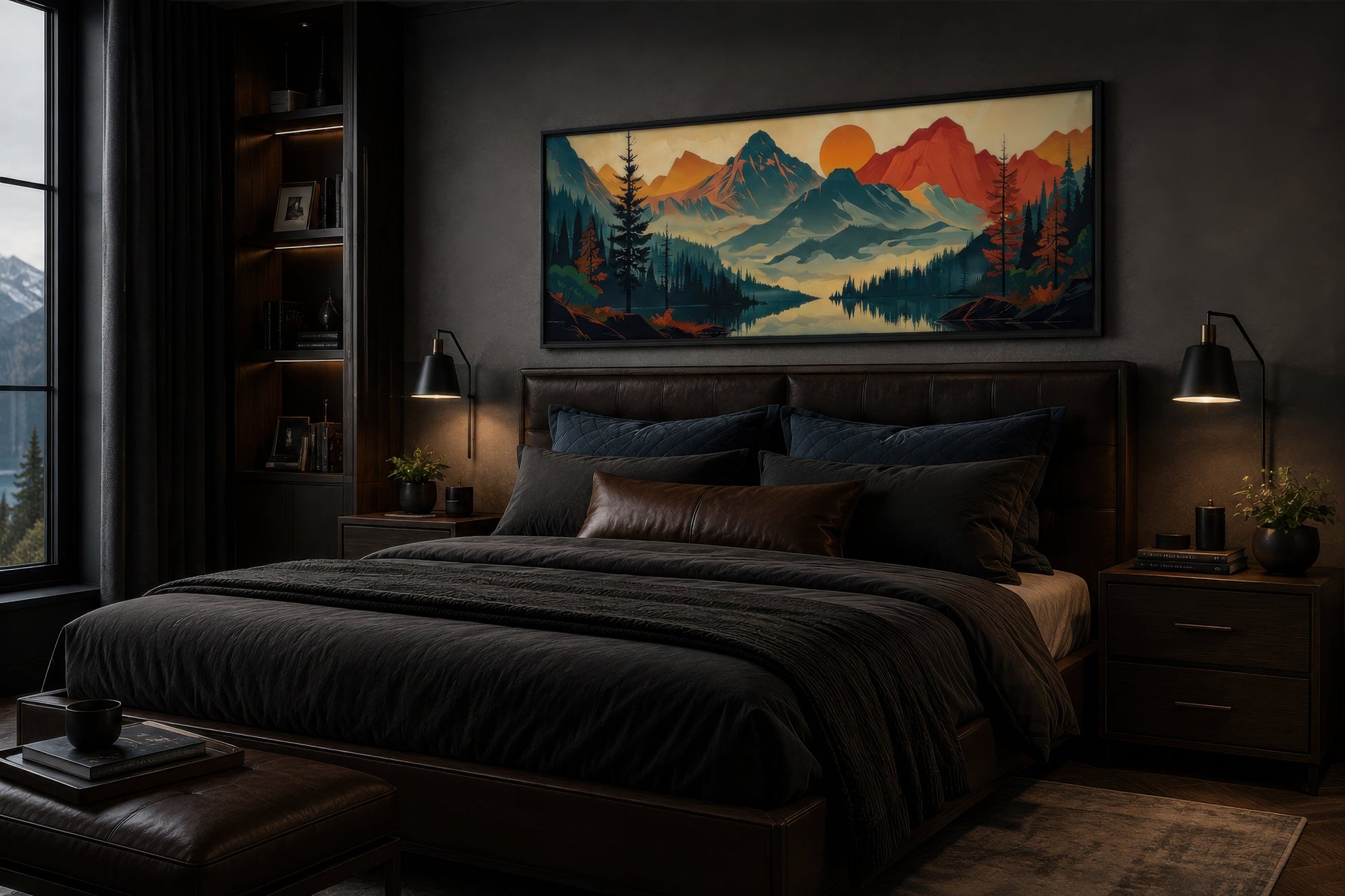 Mountains, Forest And Lake Mid Century Modern Horizontal Landscape Canvas Wall Art