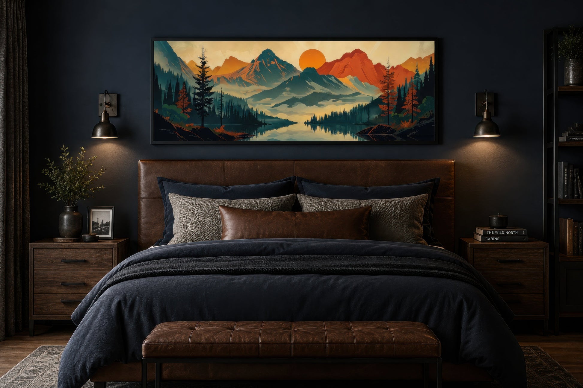 Mountains, Forest And Lake Mid Century Modern Horizontal Landscape Canvas Wall Art