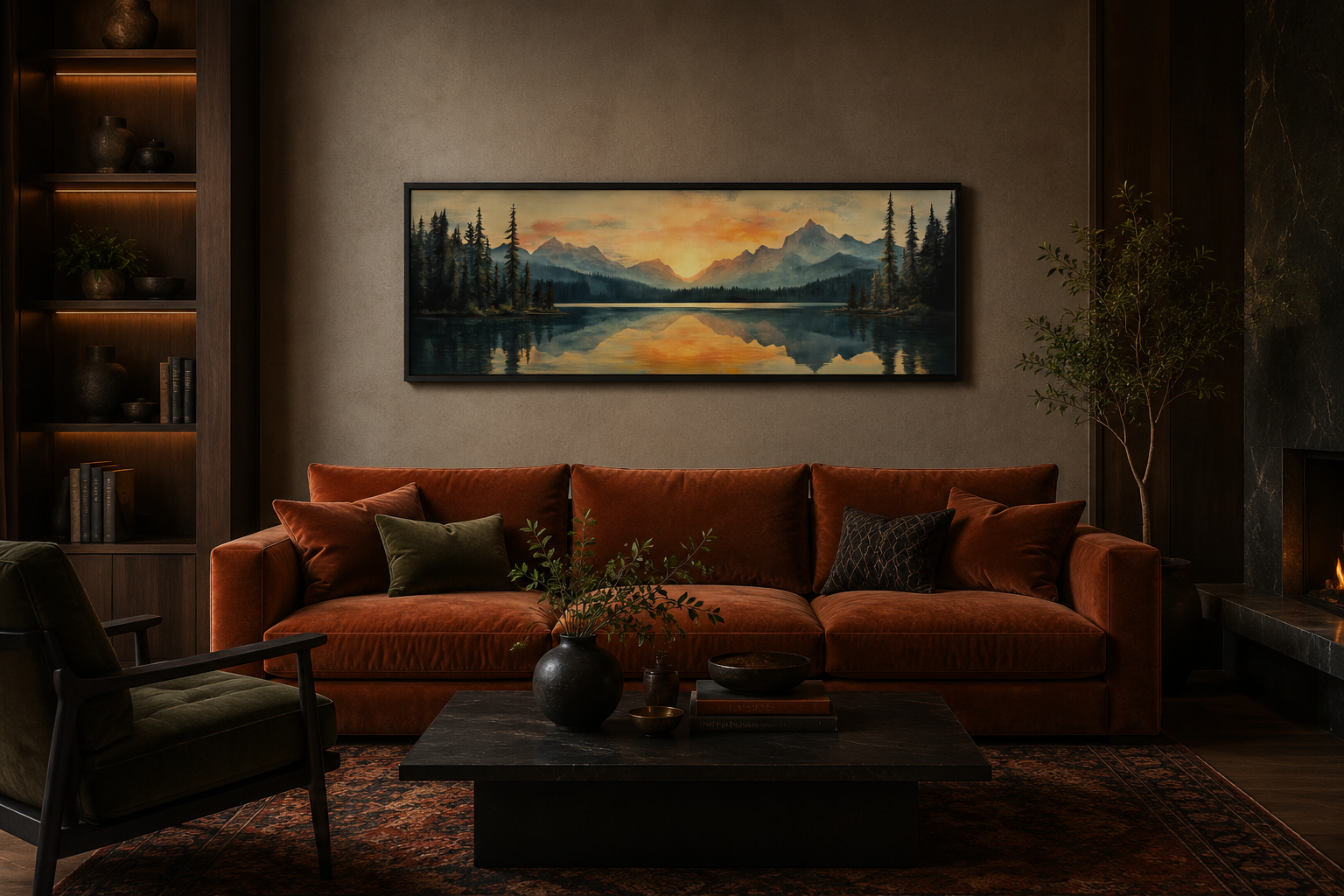 Mountain Lake Sunset Mid Century Modern Panoramic Wall Art