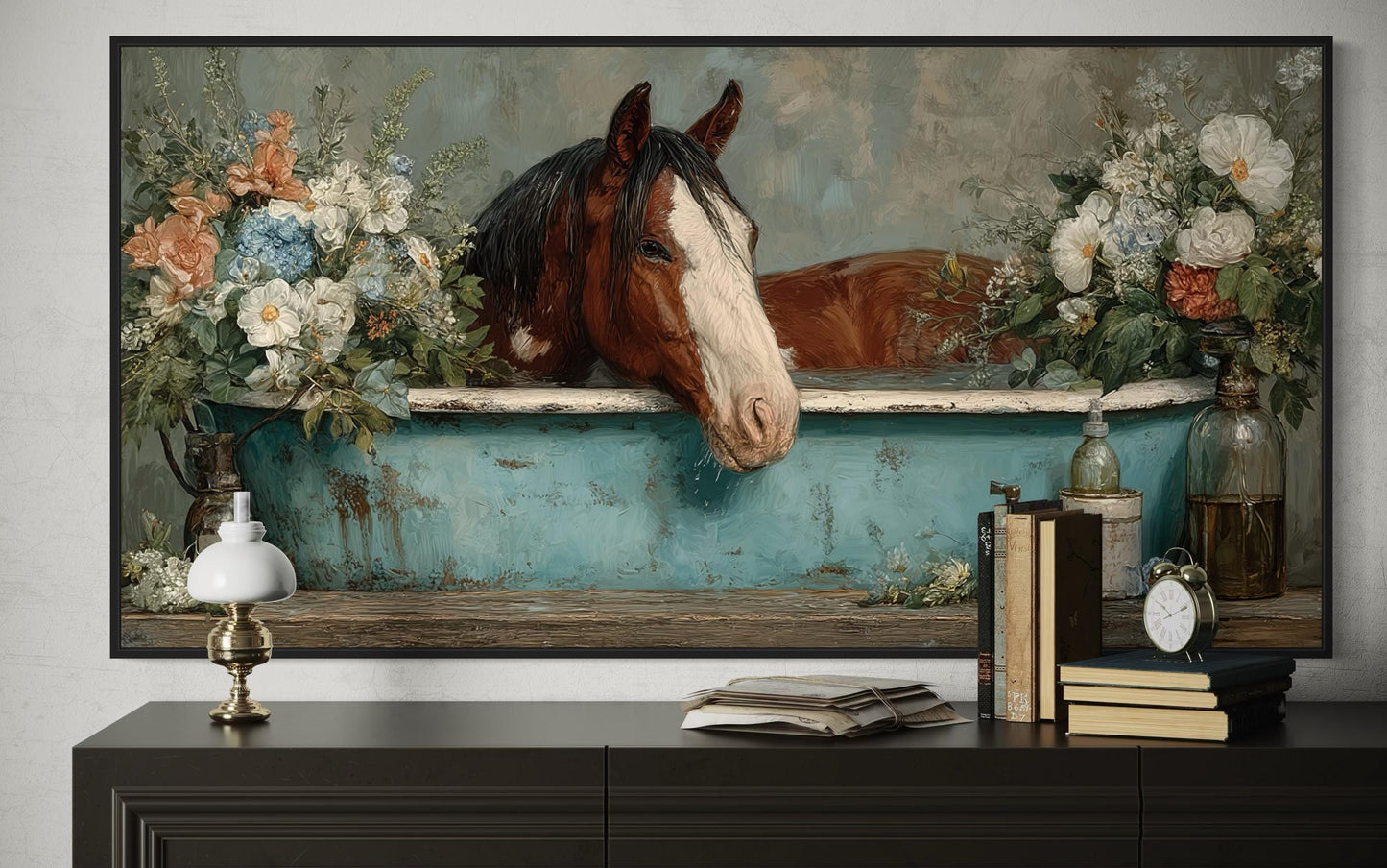 Horse In Bathtub With Flowers Canvas Wall Art