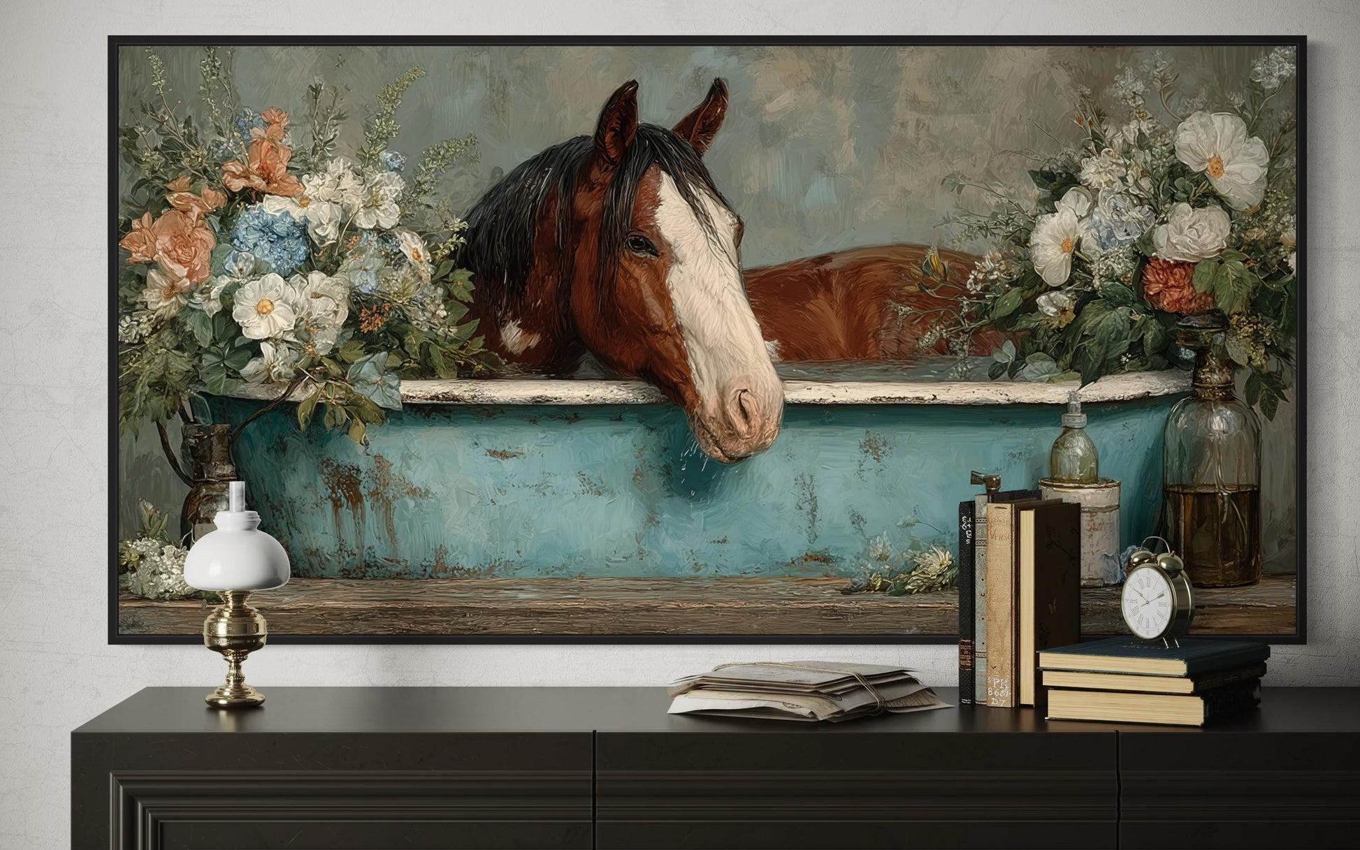 Horse In Bathtub With Flowers Canvas Wall Art