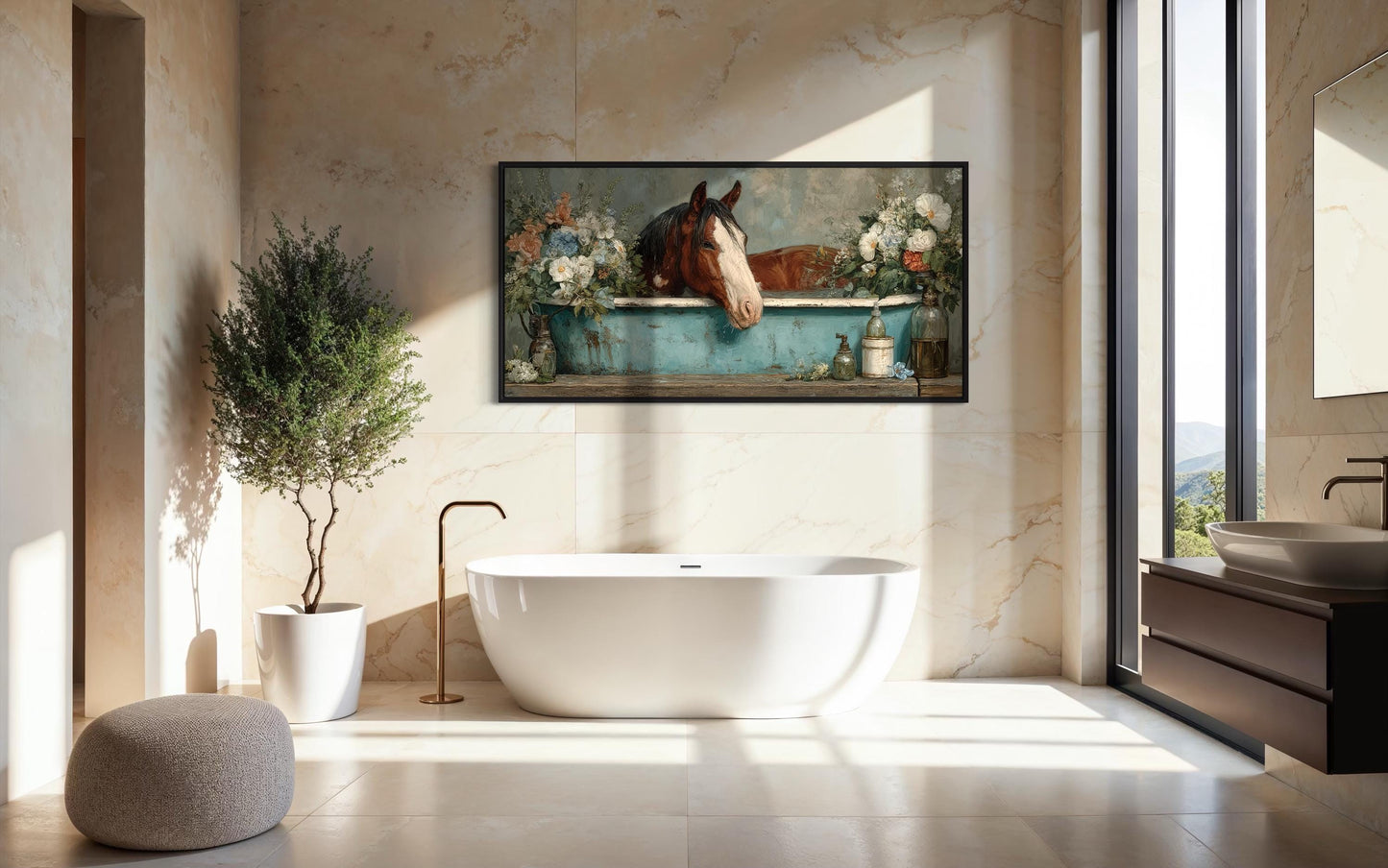 Horse In Bathtub With Flowers Canvas Wall Art