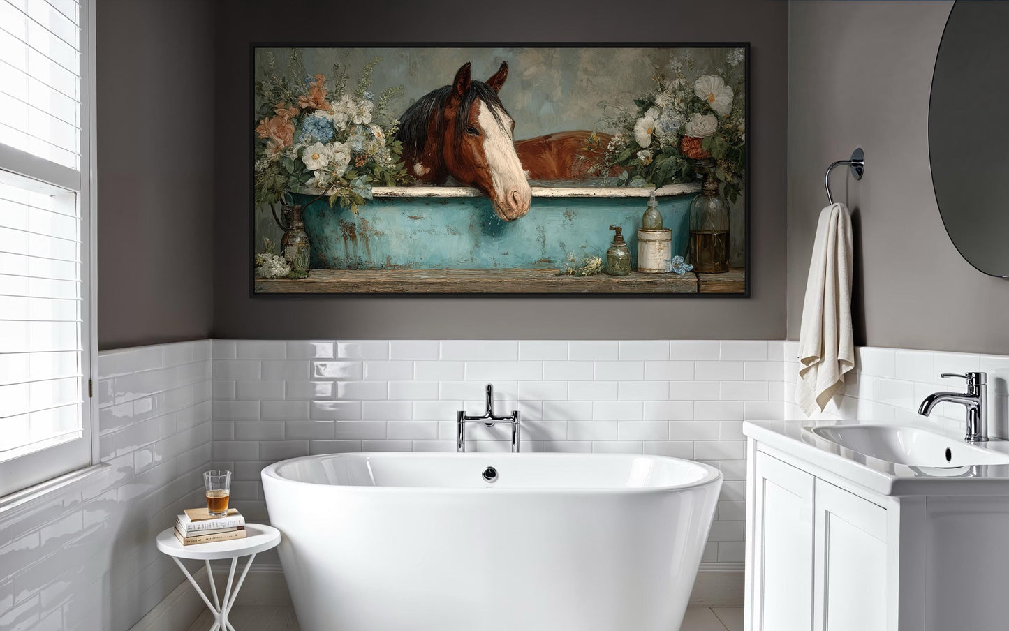 Horse In Bathtub With Flowers Canvas Wall Art