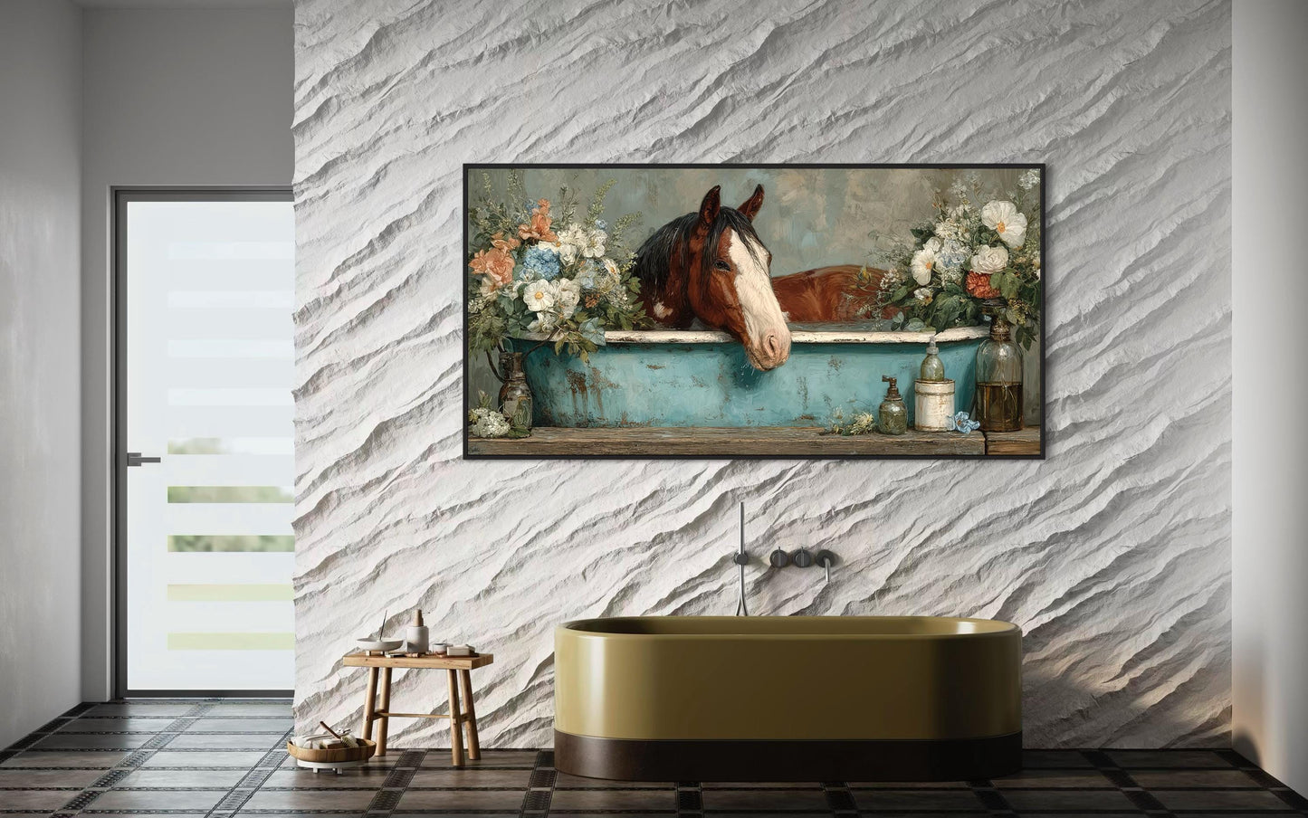 Horse In Bathtub With Flowers Canvas Wall Art