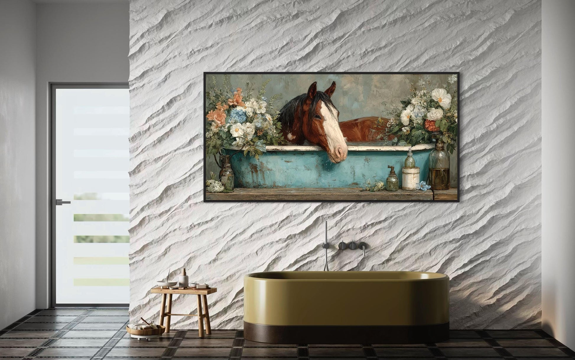 Horse In Bathtub With Flowers Canvas Wall Art
