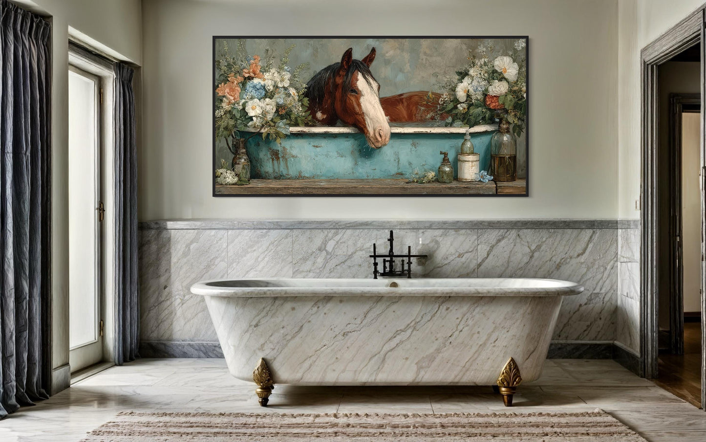 Horse In Bathtub With Flowers Canvas Wall Art