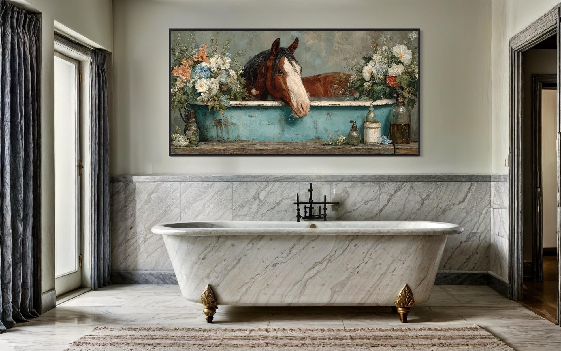 Horse In Bathtub With Flowers Canvas Wall Art