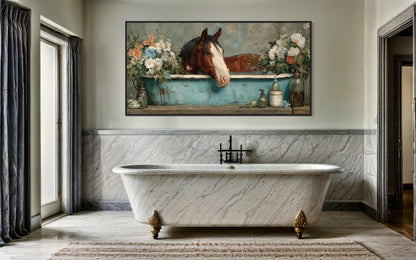Horse In Bathtub With Flowers Canvas Wall Art