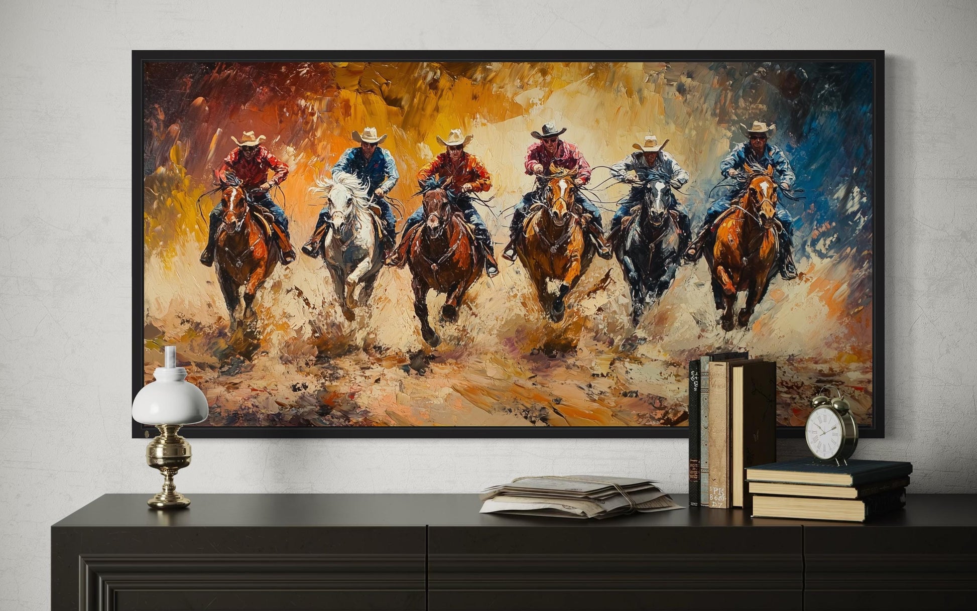 Horse Racing Riders Western Cowboy Framed Canvas Wall Art