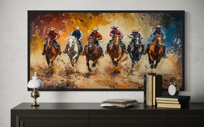 Horse Racing Riders Western Cowboy Framed Canvas Wall Art