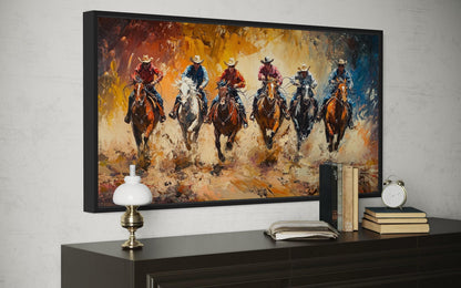 Horse Racing Riders Western Cowboy Framed Canvas Wall Art