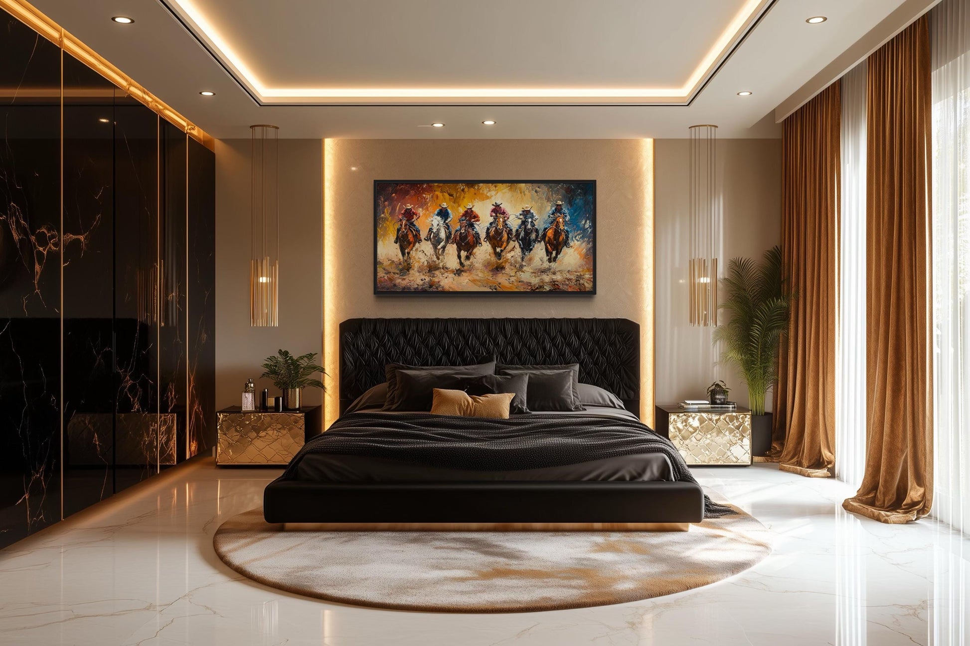 Horse Racing Riders Western Cowboy Framed Canvas Wall Art
