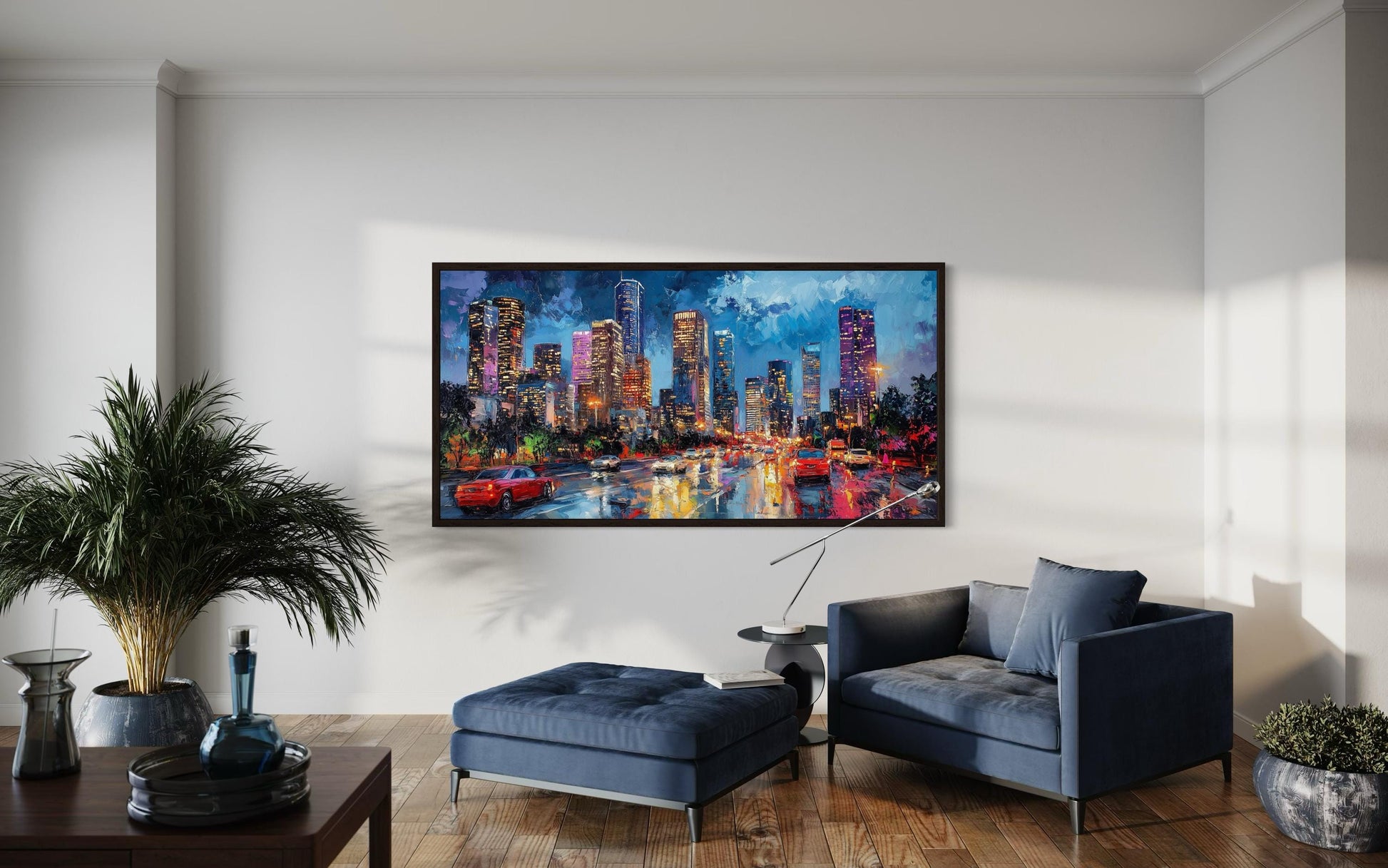 Houston Skyline At Night Framed Canvas Wall Art