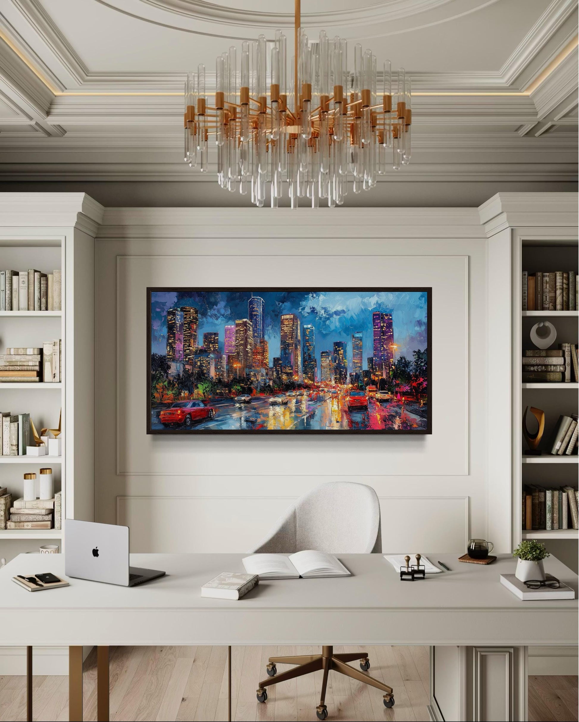 Houston Skyline At Night Framed Canvas Wall Art
