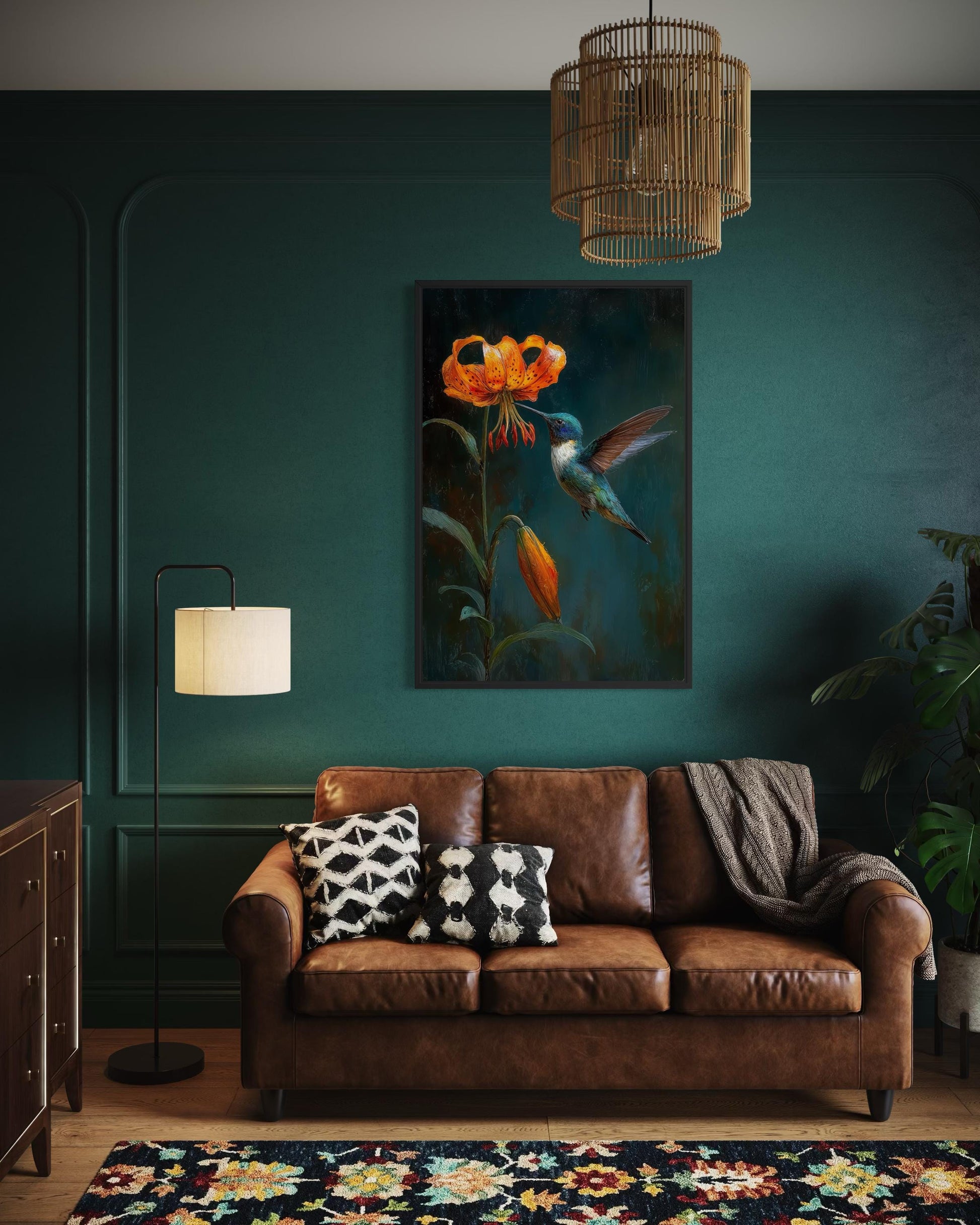 Hummingbird Wall Art – Elegant Bird Canvas Print with Orange Lily Floral Decor