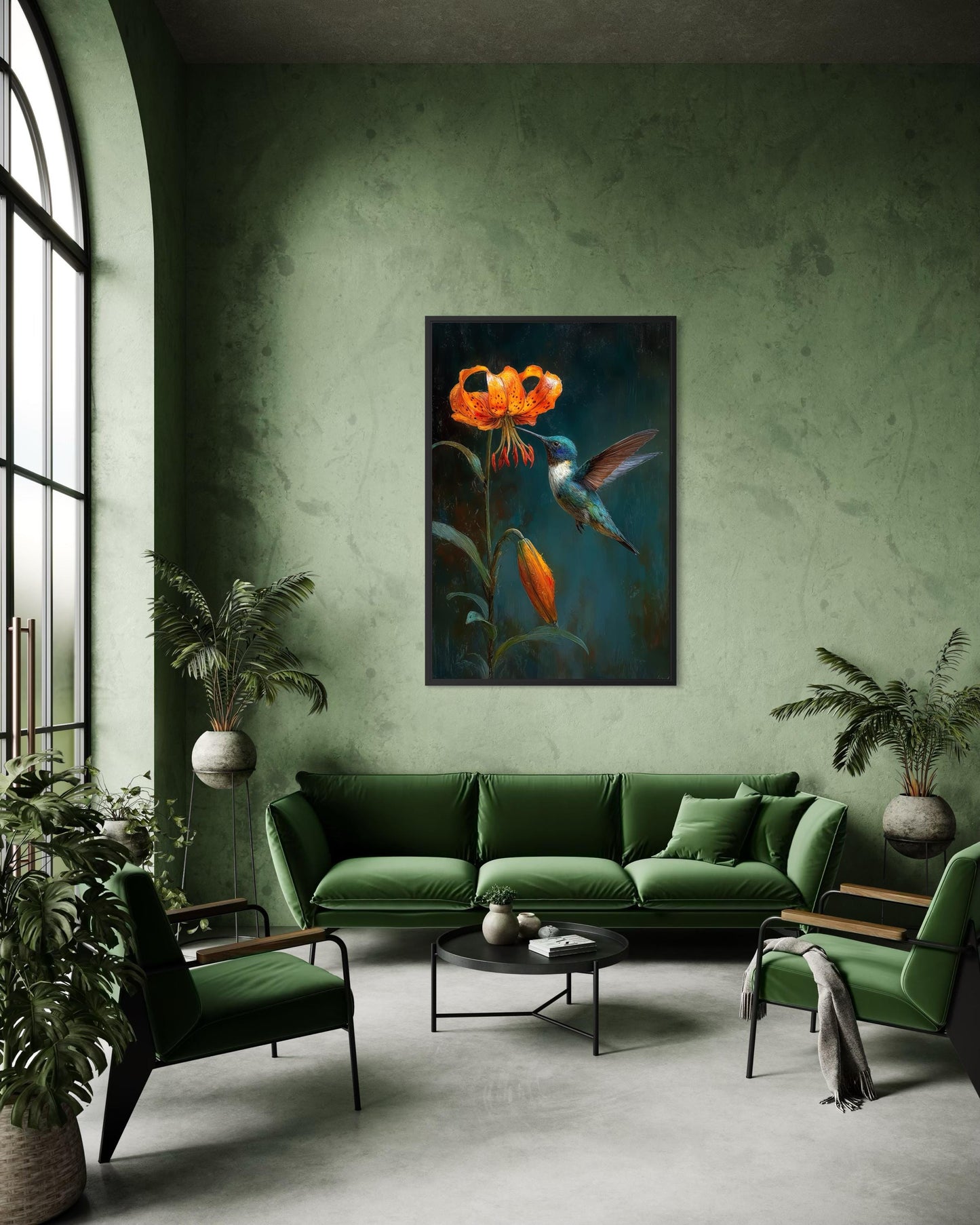 Hummingbird Wall Art – Elegant Bird Canvas Print with Orange Lily Floral Decor