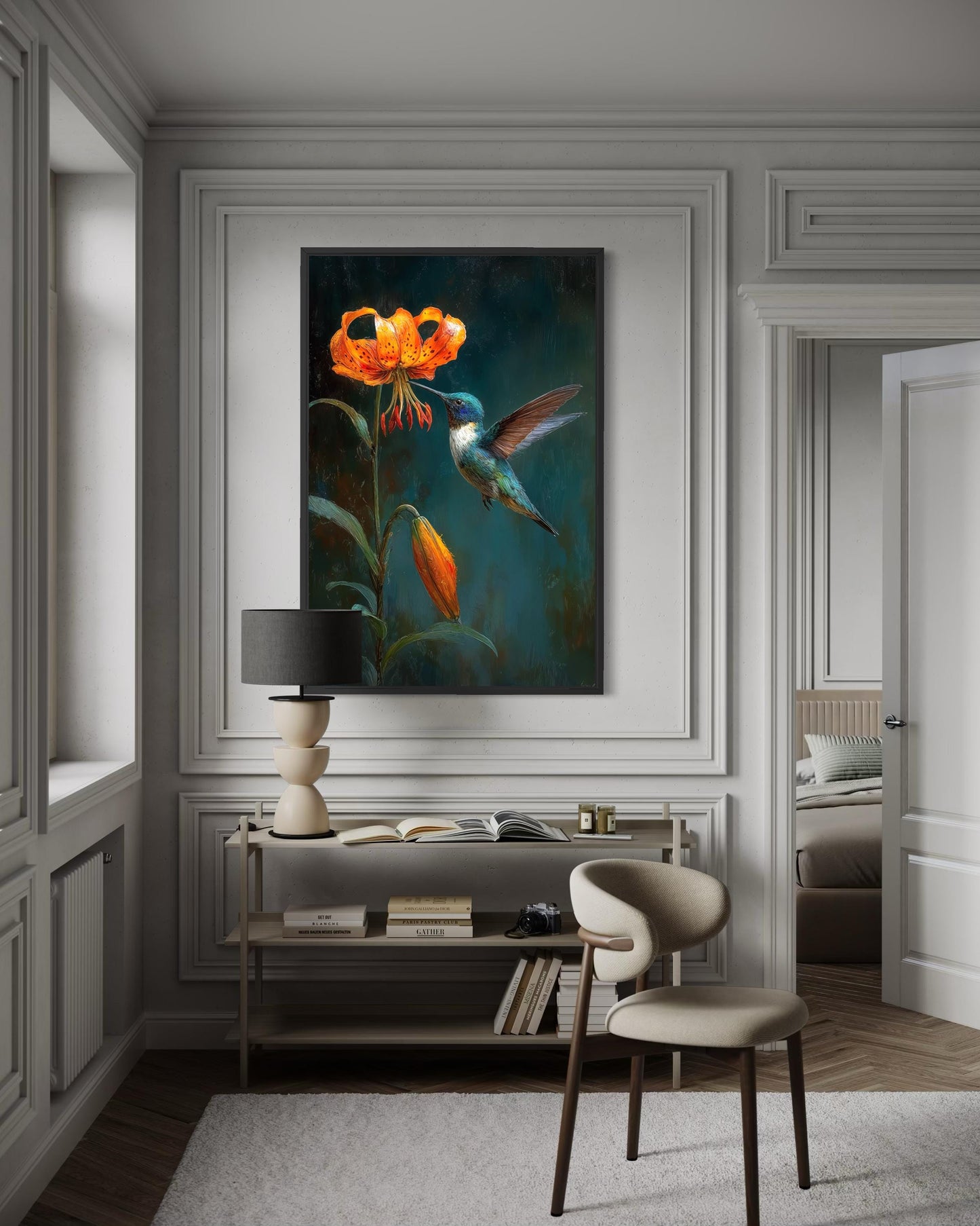 Hummingbird Wall Art – Elegant Bird Canvas Print with Orange Lily Floral Decor