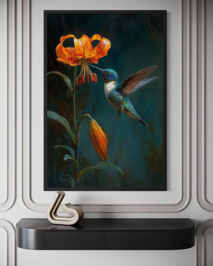 Hummingbird Wall Art – Elegant Bird Canvas Print with Orange Lily Floral Decor