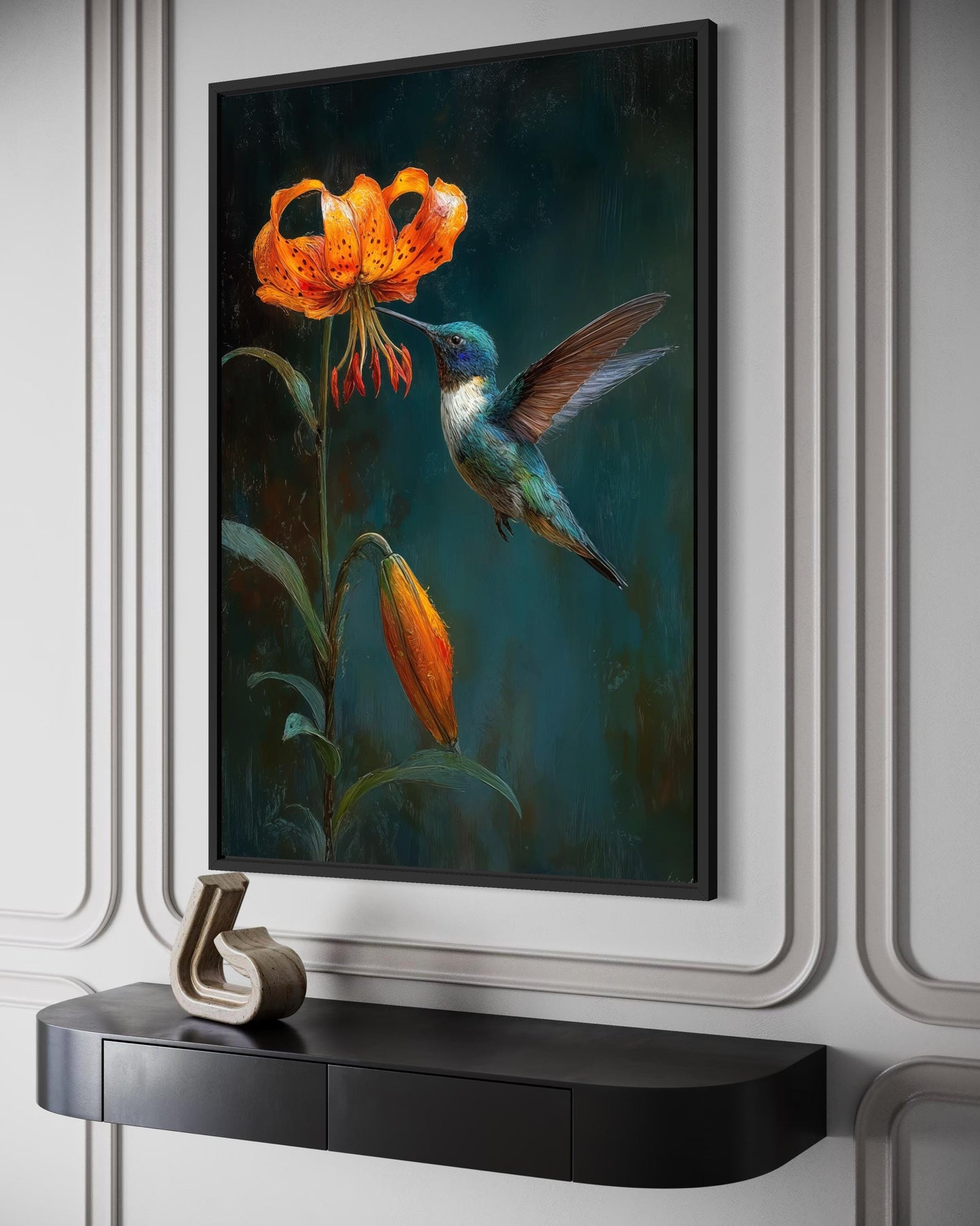 Hummingbird Wall Art – Elegant Bird Canvas Print with Orange Lily Floral Decor