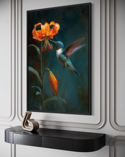 Hummingbird Wall Art – Elegant Bird Canvas Print with Orange Lily Floral Decor