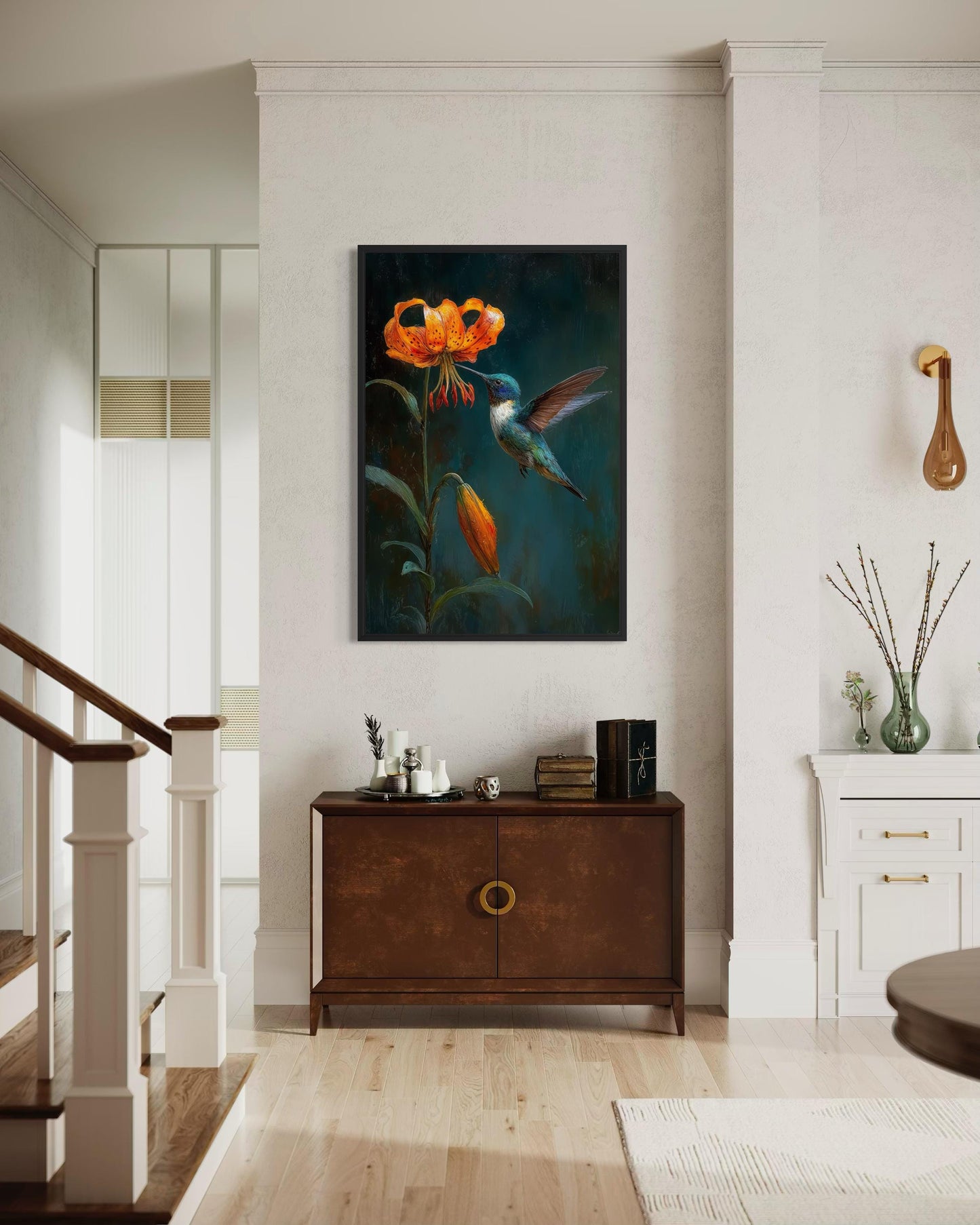 Hummingbird Wall Art – Elegant Bird Canvas Print with Orange Lily Floral Decor