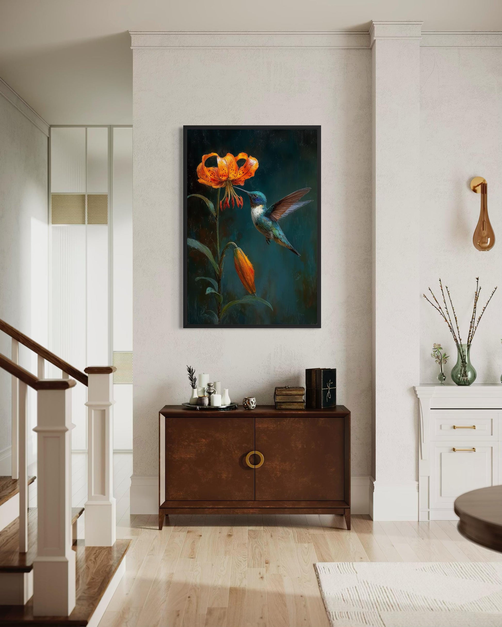 Hummingbird Wall Art – Elegant Bird Canvas Print with Orange Lily Floral Decor