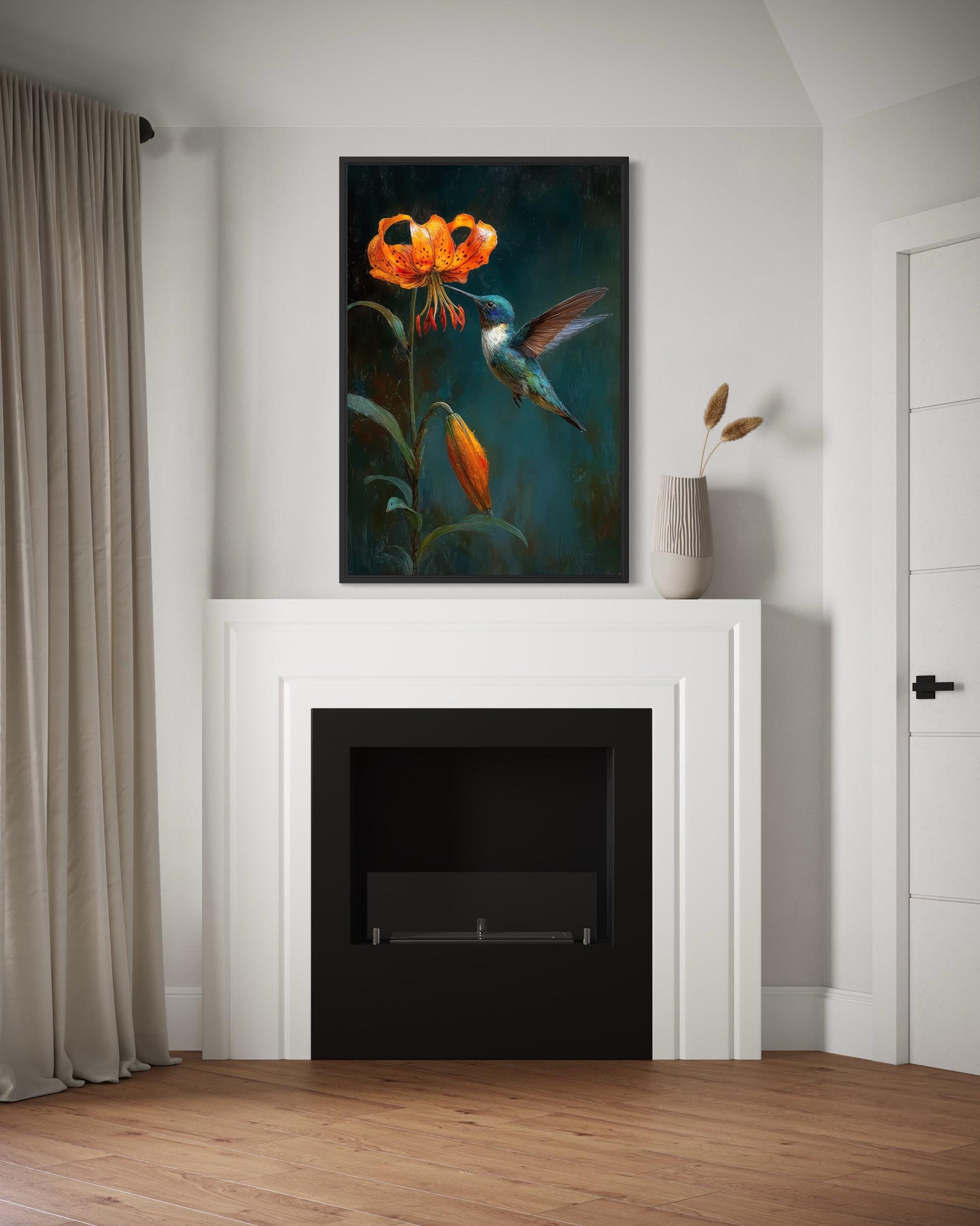 Hummingbird Wall Art – Elegant Bird Canvas Print with Orange Lily Floral Decor