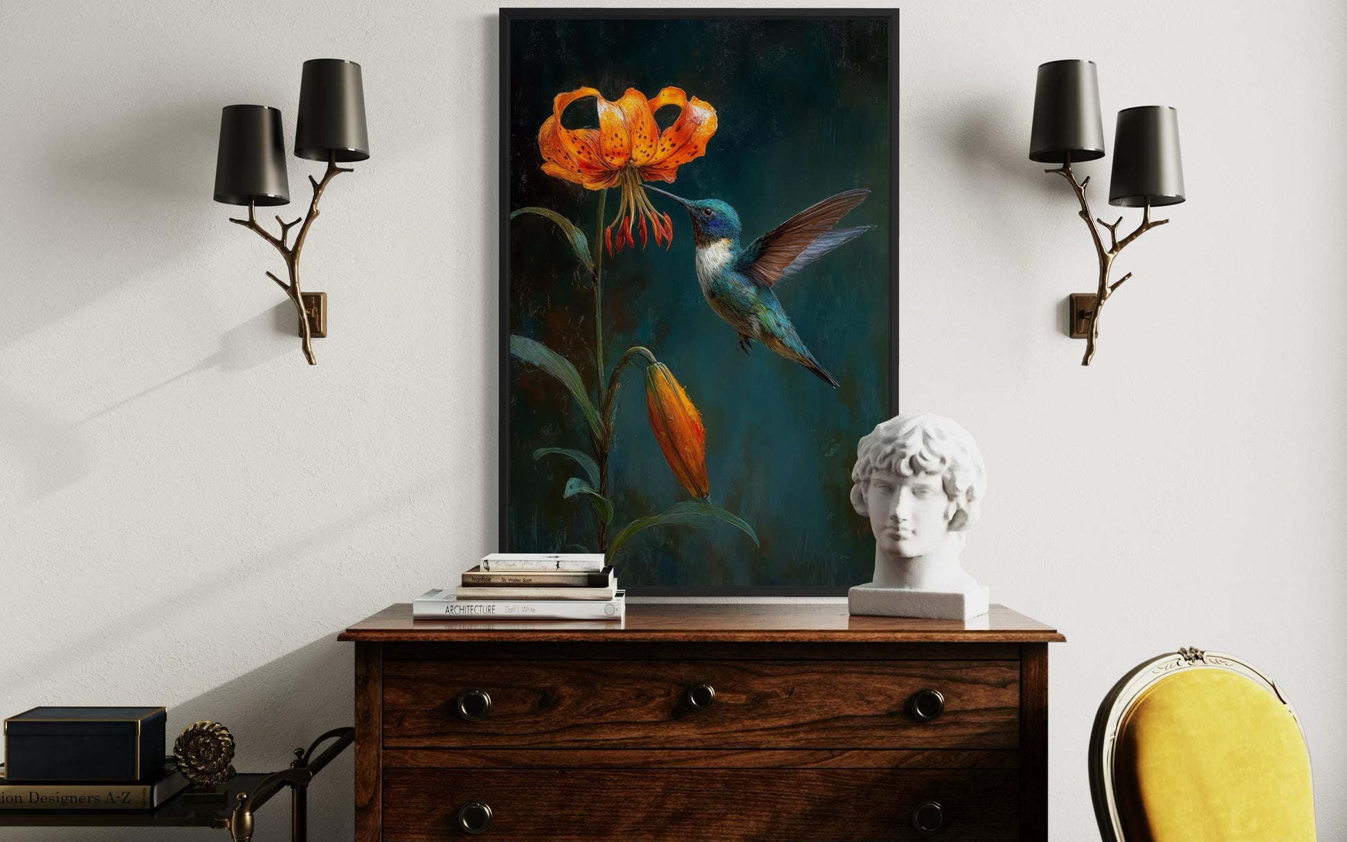 Hummingbird Wall Art – Elegant Bird Canvas Print with Orange Lily Floral Decor