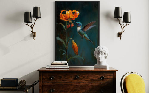 Hummingbird Wall Art – Elegant Bird Canvas Print with Orange Lily Floral Decor