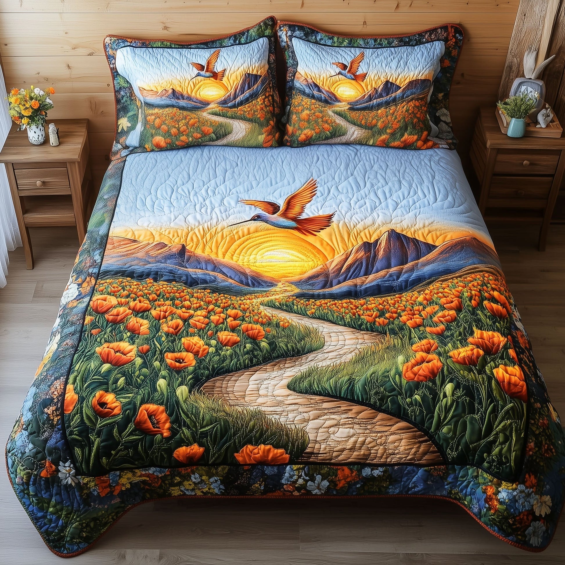 Hummingbird Harmony 3-Piece Quilted Bedding Set - Single (59" x 70")