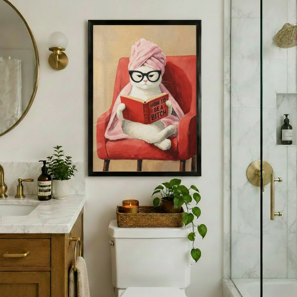 Funny Cat Reading Framed Canvas Wall Art
