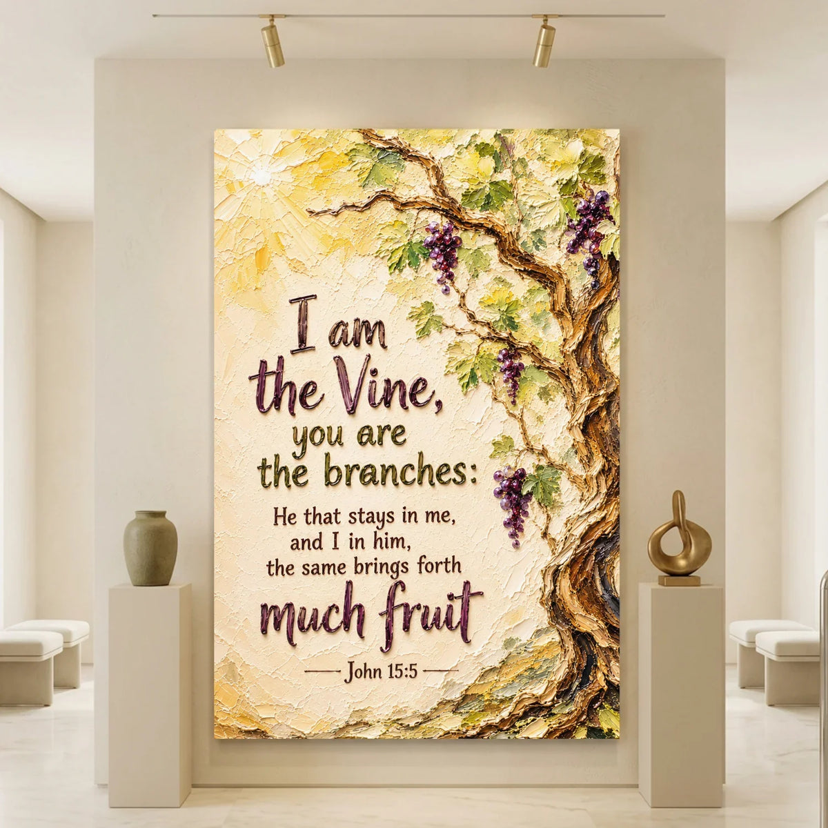 Decorative wall art with vine and branches design and Bible verse in a modern interior setting.